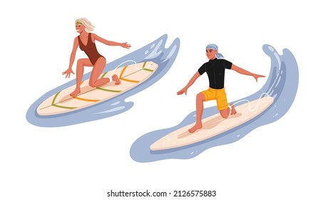 Boy and girl riding on a surfboard. Happy man and woman surfers vector isolated characters in swimsuits, riding ocean waves, surfing on Hawaii or California summer vacation