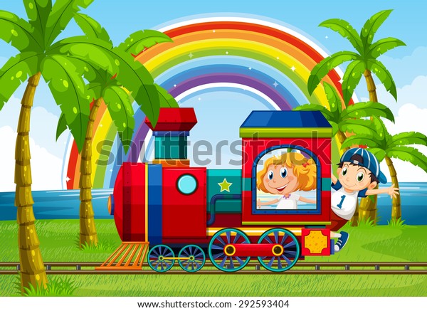 Boy Girl Riding On Train Rainbow Stock Vector Royalty Free