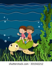 Boy and girl riding on turtle underwater illustration