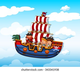 Boy and girl riding on viking with pirate illustration