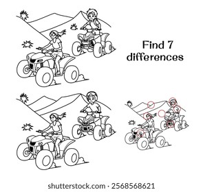 Boy and girl riding quad bikes in the desert. Find 7 differences. Tasks for kids. Vector illustration