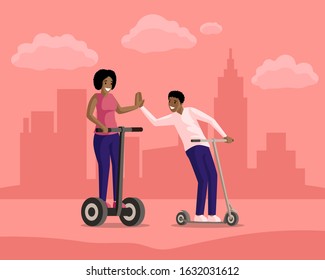 Boy and girl riding scooters in town flat vector illustration. Friendship, evening walk, active leisure, rest together. Smiling people on electric and kick scooters cartoon characters