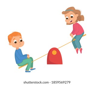 Boy and Girl Riding Seesaw, Kids Having Fun on Playground Cartoon Style Vector Illustration