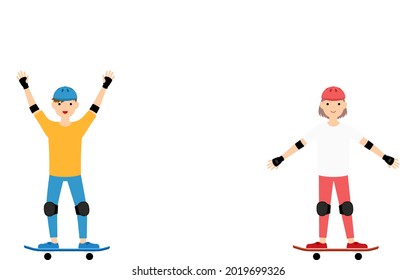 A boy and a girl riding a skateboard
