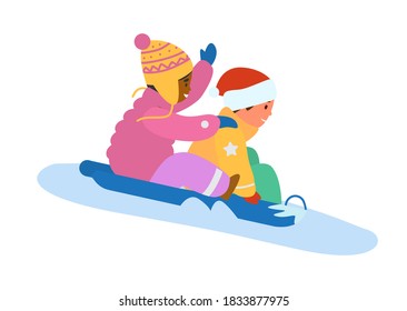 Boy And Girl Riding Snow Slide. Winter Activities. Flat Vector Illustration. Isolated On White.