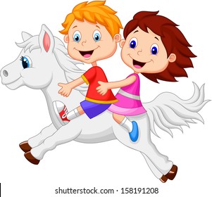 Boy and girl riding a white horse