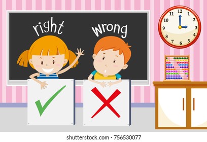 Boy and girl with right and wrong sign in classroom illustration