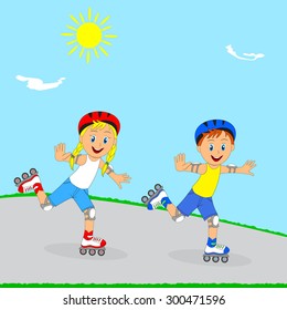 boy and girl rollerblading. illustration vector.