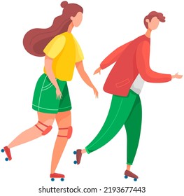 Boy and girl rollerblading. People ride rollerblades together. Summer sports. Girl sliding roller skates on asphalt. Extreme hobby and outdoor recreation. Type of active leisure, teenage couple
