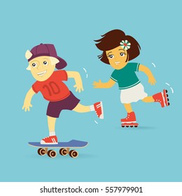 Boy and Girl Rollerblading Vector Illustration