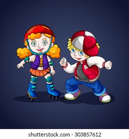 Boy and girl rollerskating illustration