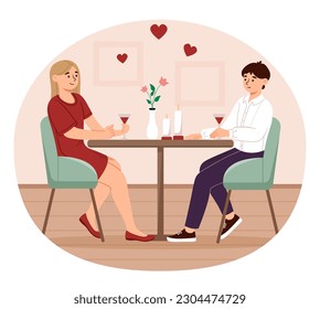 Boy and girl at romantic date. Teenagers with glasses of juice are sitting at table. Love and romance, passion. Meeting between teens in love. Cartoon flat vector illustration
