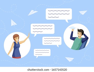 Boy and girl in round-shaped frames exchanging messages vector flat illustration. Young smiling man and woman chatting with communication speech bubbles. Office workers communication.