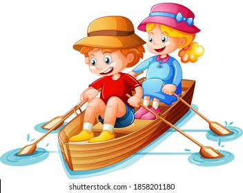 Boy and girl row the boat on white background illustration