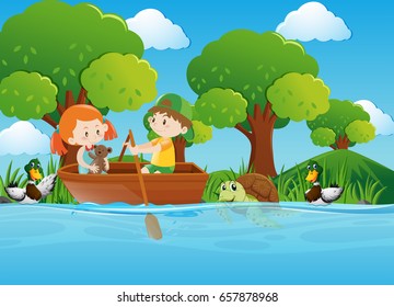 Boy and girl rowing boat in river illustration