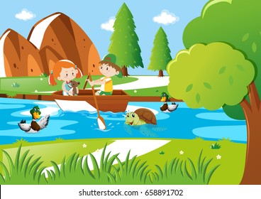 Boy and girl rowing boat in river illustration