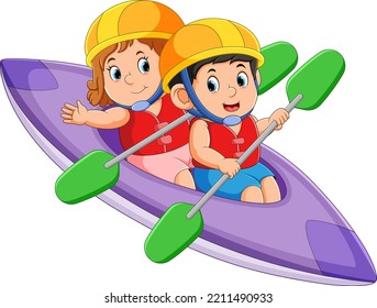 The boy and girl are rowing the canoe with the paddle of illustration