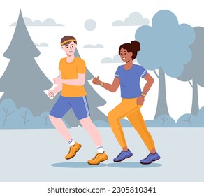 Boy and girl run. Man and woman go in for sports in forest. Marathon or sprint outdoors. Athletes and sportsmans. Runners practice and training in park. Cartoon flat vector illustration