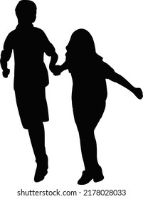 A Boy And A Girl Runnig , Hand In Hand, Silhouette Vector