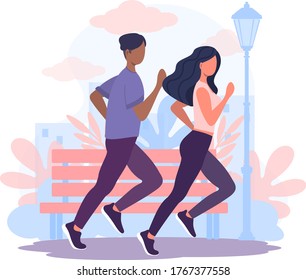 Boy and Girl Running around in Park. Healthy Lifestyle. Happy man and woman.  Sporty Characters for  training, cardio exercising,  marathon, city run, summer outdoor. Vector flat cartoon illustration.