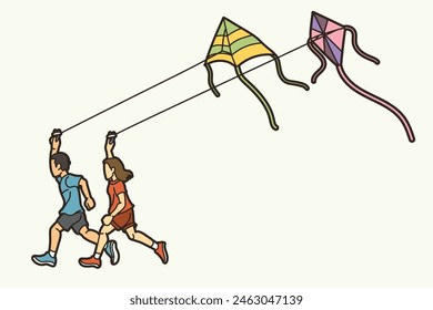 A Boy and A Girl Running Fly a Kite Children Playing Together Cartoon Sport Graphic Vector