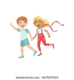 Boy And Girl Running Outside Holding Hands