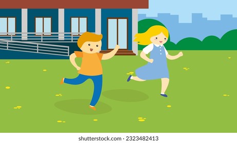 Boy and girl running in the park. Vector illustration in flat style