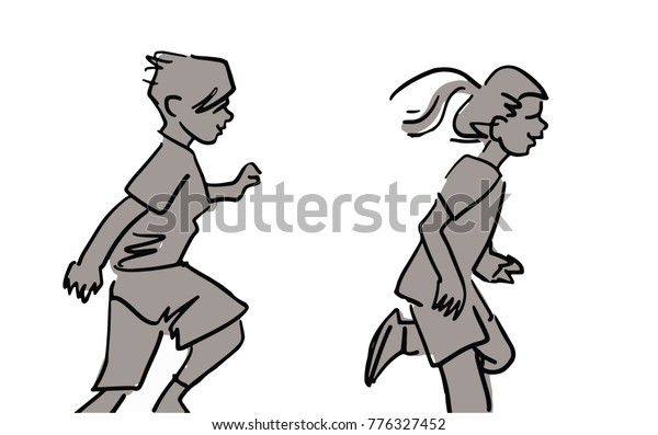 Boy Girl Running Silhouettes Playing Children People Stock Image