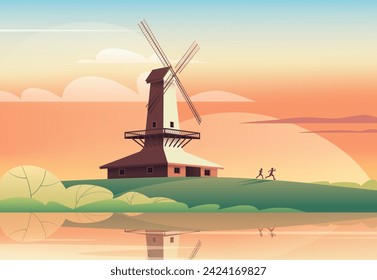 A boy and a girl are running through a meadow near an old windmill at sunset. Vector illustration.