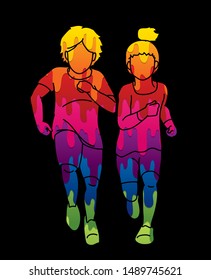 Boy and Girl running together, Children running cartoon graphic vector