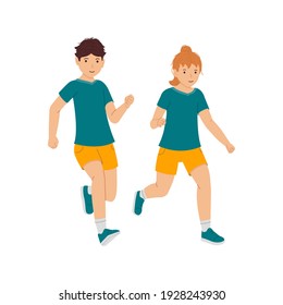 Boy and girl running together, kids jogging vector illustration