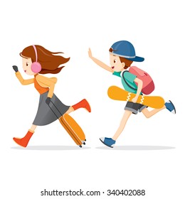 Boy And Girl Running To Travel, Activity, Winter, Season, Vacation