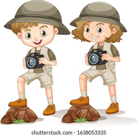 Boy and girl in safari outfit with camera standing on the rock illustration