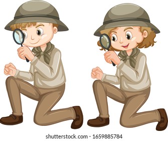 Boy and girl in safari outfit with magnifying glass illustration