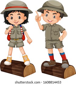 Boy and girl in safari outfit on white background illustration