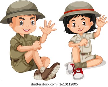 Boy and girl in safari outfit on white background illustration