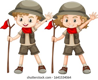 Boy and girl in safari outfit with red flag illustration