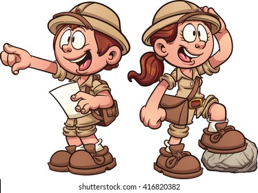 Boy and girl in safari outfits. Vector clip art cartoon illustration with simple gradients.