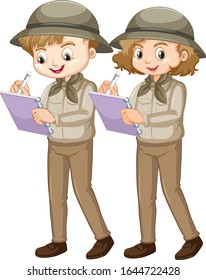 Boy and girl in safari writing notes on white background illustration