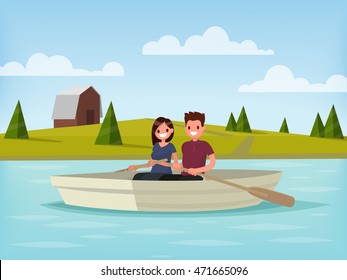 Boy and girl are sailing on a boat. Young couple is  relaxing on the lake. Vector illustration of a flat design