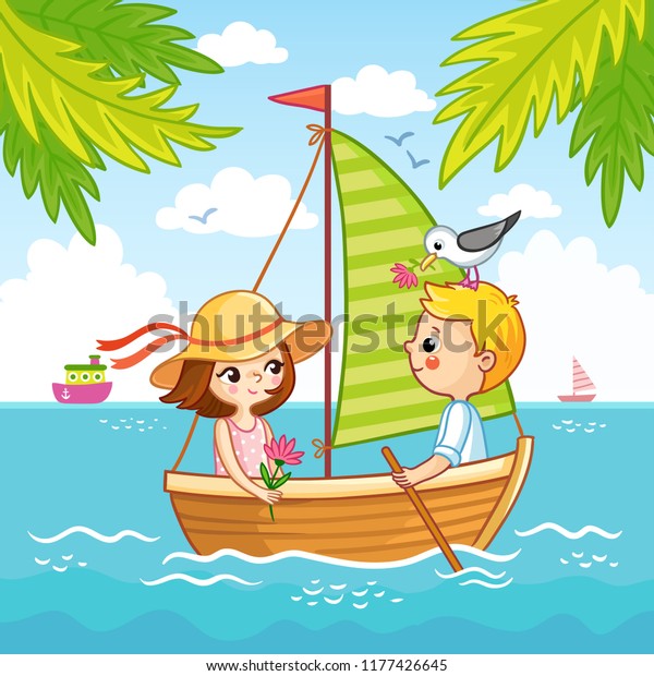 男の子と女の子が 海の帆船で航海している 夏のテーマの漫画のスタイルのベクターイラスト のベクター画像素材 ロイヤリティフリー