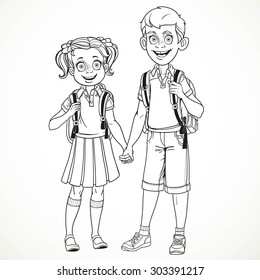 Boy and girl with a school bag holding hands line drawing isolated on a white background