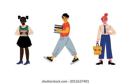 Boy and Girl with School Bag Walking to School Vector Set