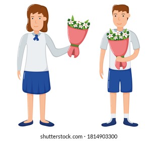 Boy and girl school child character hand hold decorative bouquet flower, concept gift floret flat icon vector illustration, isolated on white. Lovely student smile person standing and carry blossom.