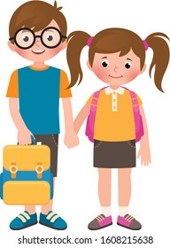 Boy and girl school children brother and sister in full length with school bags vector illustration
