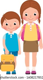 Boy and girl school children brother and sister in full length with school bags vector illustration