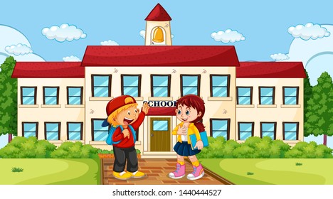 Boy and girl at school illustration