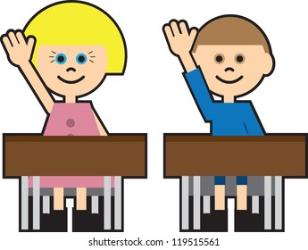 Boy and girl in school raising their hand