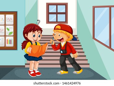 Boy and girl in school setting illustration