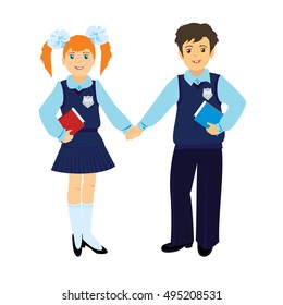 Boy and girl in a school uniform. Vector illustration or vector object white background
